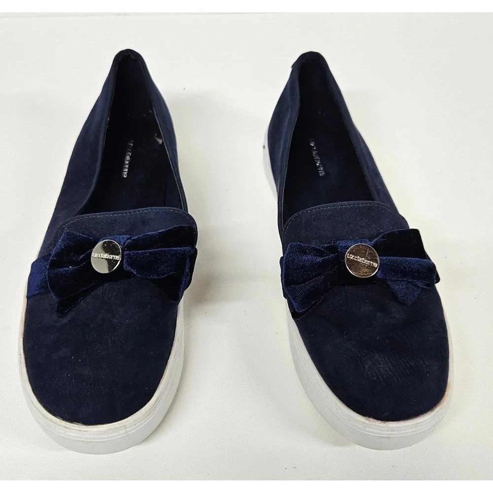 Liz Claiborne Navy Blue Suede Slip On Sneakers Velvet Bow Flats Womens 9 Medium